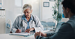 Clipboard, checkup and doctor with man in hospital for discussion on medical diagnosis. Documents, writing and healthcare worker with male patient in conversation for treatment plan in clinic.