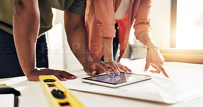 Buy stock photo Tablet, floor plan and hands of people in new home with discussion for renovation, building or repairs. Technology, blueprint and construction worker with woman for maintenance approval in house.