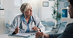 Clipboard, discussion and doctor with man in hospital for discussion on medical diagnosis. Documents, writing and healthcare worker with male patient in consultation for treatment plan in clinic.