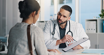 Buy stock photo Healthcare, doctor and man with clipboard, medical advice and discussion with patient in appointment. Health professional, talking and explaining diagnosis to person, consultation and help in clinic