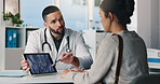Tablet screen, consultation and doctor with woman for xray in hospital for medical diagnosis. Discussion, digital technology and healthcare worker with female patient for radiology scan in clinic.
