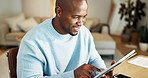 Tablet, happy and black man in home with remote work for research on frontend development. Smile, digital technology and African male software engineer with creative project for freelance career.