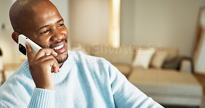 Buy stock photo Discussion, smile or black man with phone call for remote work, financial advice or filing guidance. Home, freelancer or tax consultant with mobile for return inquiry, compliance planning or talking