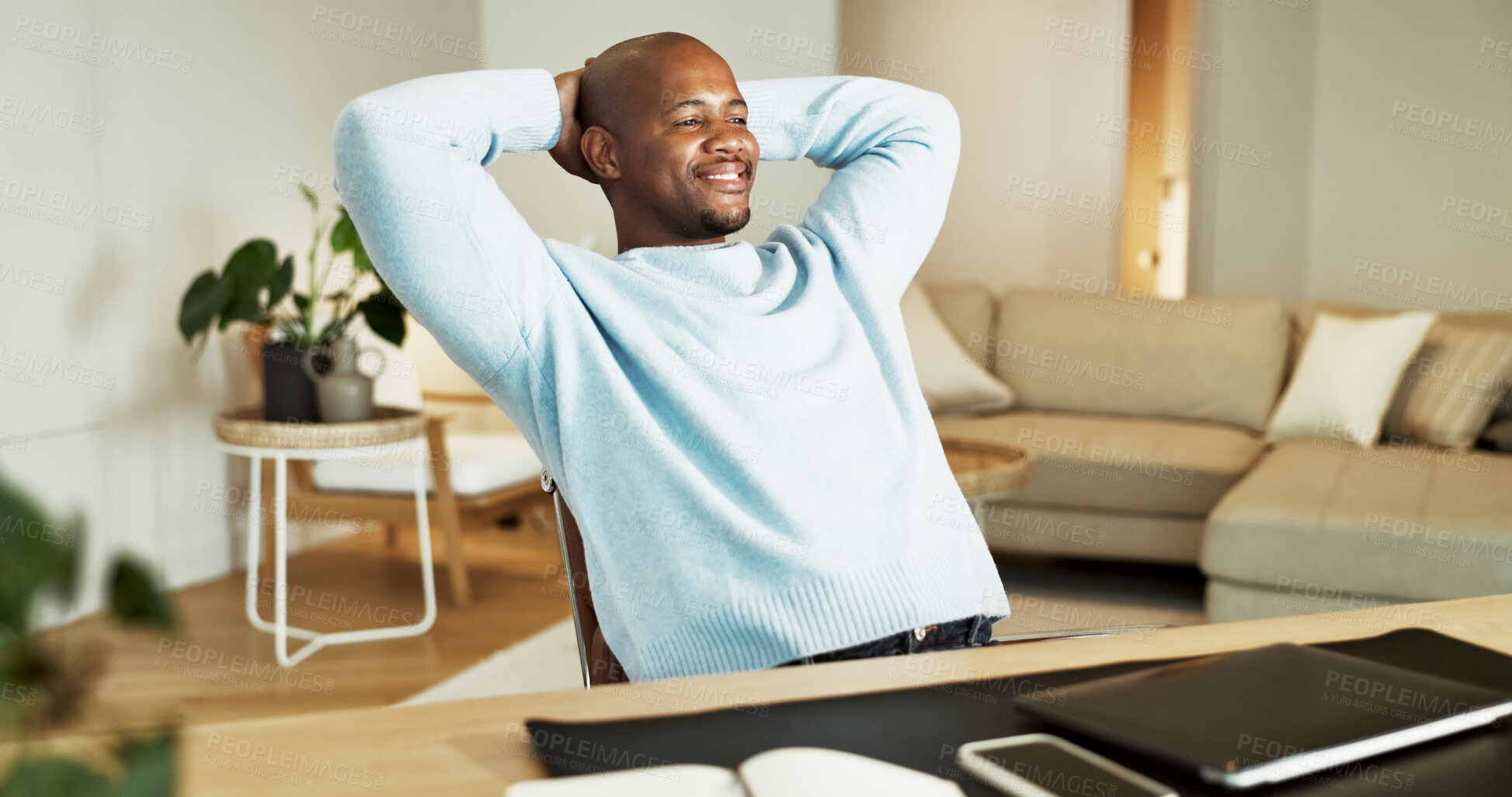 Buy stock photo Remote work, relax and black man in home office, stretching and thinking with job complete. Smile, freelancer and person on break, finish task and done with reflection for productivity in house
