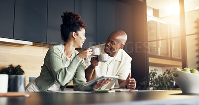 Buy stock photo Tablet, happy couple or toast with drink in home for loan settlement, finance goals or celebration. Digital app, african people and coffee cheers for credit balance, debt free or financial security