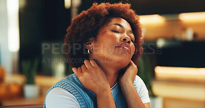 Buy stock photo Neck pain, stretching and black woman at night for remote work, stress relief and overworked. Freelancer, home and person with tension, strain and fatigue for creative career, overtime and deadline