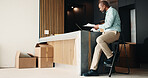 Black man, new home and blueprint for remodeling, layout design or real estate maintenance. Mature person, document or laptop for architectural planning in house with property renovation or upgrade