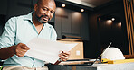 Black man, new home and blueprint for renovation, layout design or real estate maintenance. Mature person, document or laptop for architectural planning in house with property remodeling or upgrade