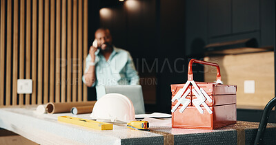 Buy stock photo Architecture, home and toolbox for remodeling, project or real estate maintenance. Person, call out and inspection for interior design in house with property renovation, upgrade or layout planning