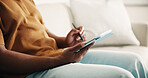 Hands, graphic designer and drawing in home with tablet, research and sketch for logo design. Person, stylus and freelancer at house with digital, editing animation and creative artwork for project