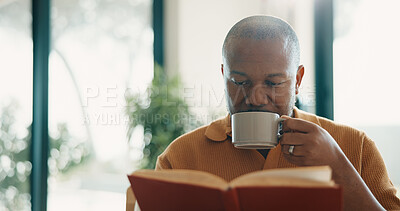 Buy stock photo Chill, reading book or black man in house with coffee, calm and literature hobby on weekend break. Relax, novel or mature person with warm drink, fantasy story or peaceful activity on day off