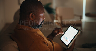 Buy stock photo Remote work, analysis or black man in house with tablet screen, forecast or stats monitor in dark. WFH, mature person or finance analyst with tech, performance track or data review in budget report.