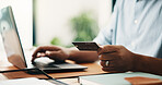 Man, hands and laptop with credit card for ecommerce, payment or banking app in home. Male person, user or shopper with debit or computer for online shopping, payment or remote purchase in house