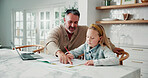 Business, homework and man with daughter in home dining room for education, help or remote work. Freelance, learning or writing with girl child and single parent in apartment for development or study