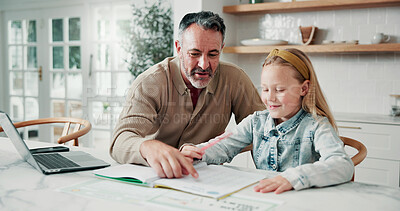 Buy stock photo Businessman, homework and man with child in home dining room for education, help or remote work. Freelance, learning or writing with daughter and single parent in apartment for development or study