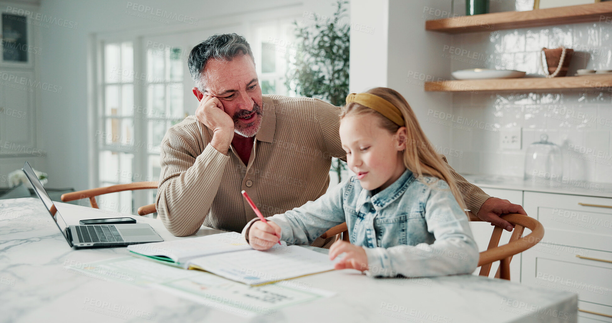 Buy stock photo Businessman, homework and man with daughter in home dining room for education, help or remote work. Freelance, learning or writing with child and single parent in apartment for development or study