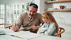 Dad, teaching and learning with difficult child in home for development challenge, boredom or ADHD. Father, lazy kid or stubborn daughter with arms crossed for homework or failed assessment in house