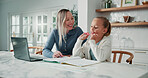 Business, learning and woman with daughter in home dining room for education, help or remote work. Freelance, homework or notebook with girl child and mother in apartment for development or study