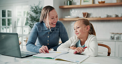 Buy stock photo Teaching, laptop and happy mom with child in home for online learning, course or homework together. Mother, kid or daughter with computer or book for tutoring, development or homeschooling in house