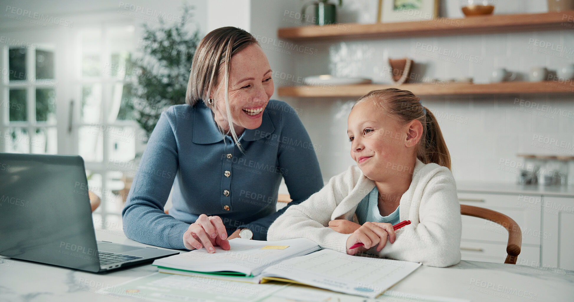 Buy stock photo Teaching, laptop and happy mom with child in home for online learning, course or homework together. Mother, kid or daughter with computer or book for tutoring, development or homeschooling in house