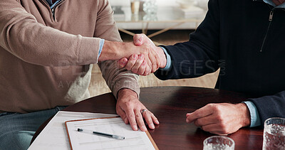 Buy stock photo Handshake, contract and business men in home for finance deal, negotiation or partnership. Documents, discussion and financial manager shaking hands with client for investment proposal in house.