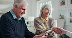 Tablet, agent and old couple with handshake in meeting for policy agreement, approval or home. Tech, insurance broker and senior people shaking hands for asset protection, consent or long term care