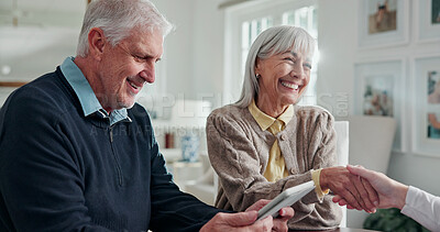 Buy stock photo Tablet, agent and old couple with handshake in meeting for policy agreement, approval or home. Tech, insurance broker and senior people shaking hands for asset protection, consent or long term care