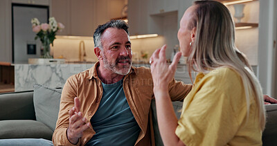 Buy stock photo Argument, upset and couple on sofa in home with conflict, divorce or toxic marriage on weekend. Fighting, angry and man with woman for cheating, disagreement or breakup for affair in living room.