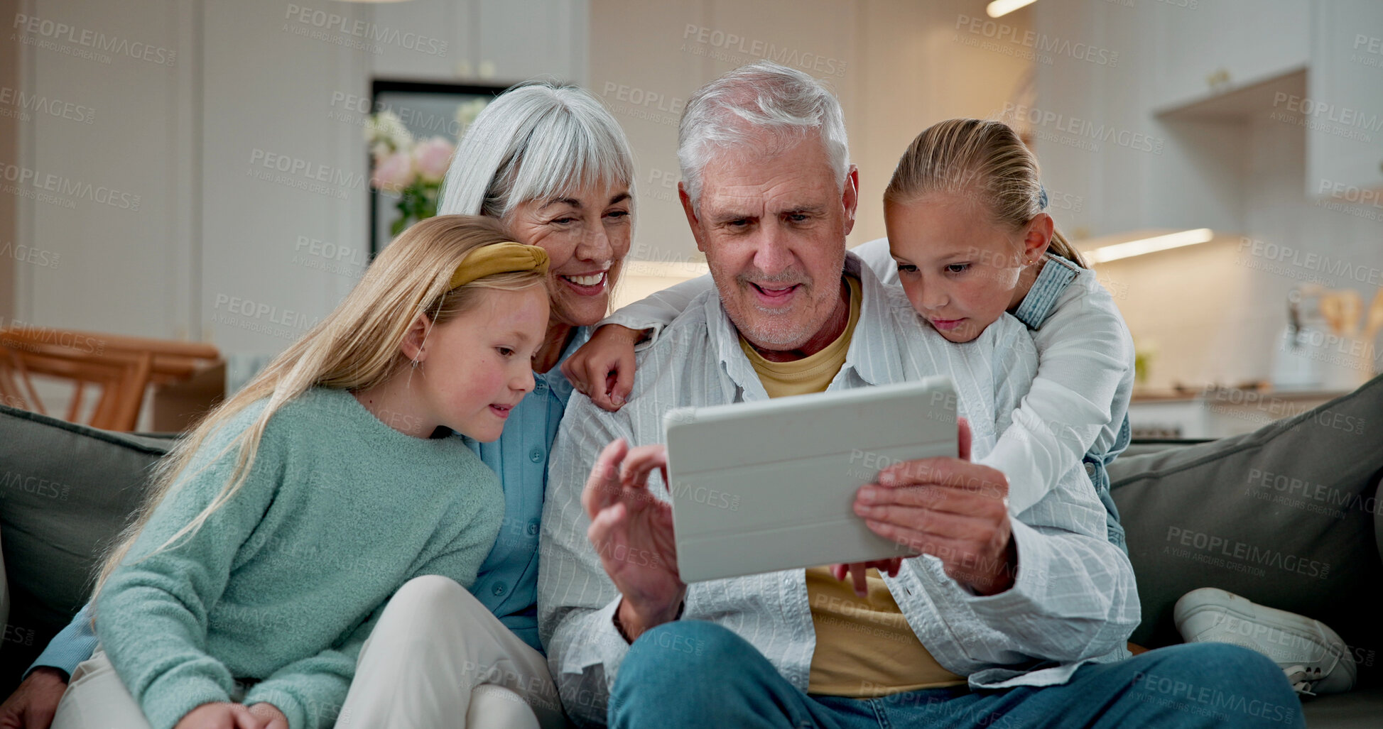 Buy stock photo Tablet, typing and grandparents with children on sofa in home for love, social media and connection. Online post, support and visit with senior man and woman with kids in living room in house