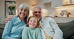 Portrait, grandparents and girl on sofa with care, bonding together and support in loving relationship. Trust, family and grandchild in house with embrace, security and happy connection in childcare.