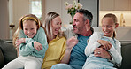 Smile, parents and children on couch with love, bonding together and support in childcare. Laugh, family and kids in house with embrace, security and happy connection in loving relationship.