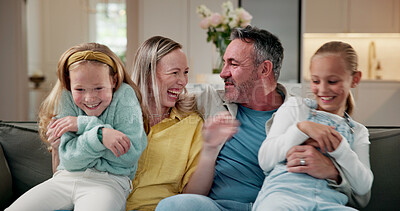 Buy stock photo Smile, parents and children on couch with love, bonding together and support in childcare. Laugh, family and kids in house with embrace, security and happy connection in loving relationship.