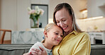 Hug, happy and mother with child in house for bonding, love and trust on weekend together. Smile, connection and mom embracing girl kid in living room for relax, safety and family in apartment.