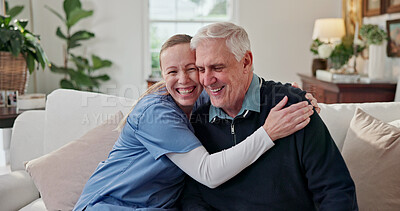 Buy stock photo Caregiver, hug and laugh in nursing home with old man, healthcare or funny joke for bonding together. Portrait, happy nurse and embrace in retirement center with senior person, humor or elderly care.