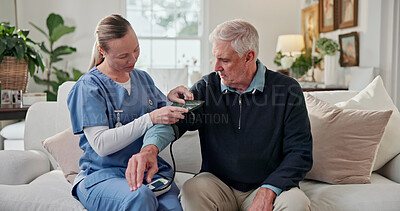 Buy stock photo Doctor, checkup and old man in home with blood pressure machine, healthcare or hypertension exam. Elderly person, general practitioner and equipment in house visit for medical screening, test or help