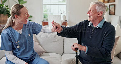Buy stock photo High five, healthcare and nurse with senior man in home for medical assistance, empathy or bonding. Happy, support and caregiver with elderly patient with walking stick for checkup in living room.