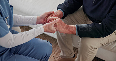 Buy stock photo Senior, nurse or holding hands with patient for medical aid, help or assistance in nursing home. Top view, elderly person or healthcare worker with sympathy, trust or understanding for health advice