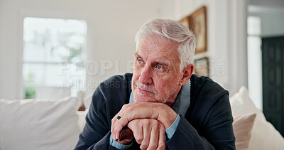Buy stock photo Senior, man and thinking in living room with cane, remember memories and reflection for retirement. Home, walking stick and elderly person with disability, daydream and nostalgia for past history.