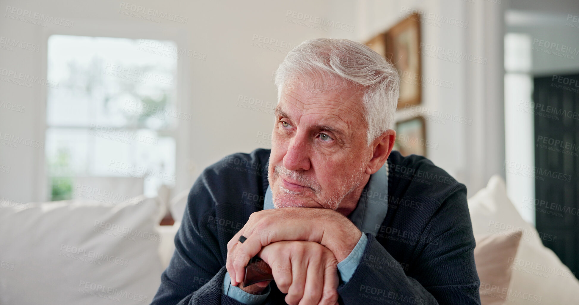 Buy stock photo Senior, man and thinking in living room with cane, remember memories and reflection for retirement. Home, walking stick and elderly person with disability, daydream and nostalgia for past history.