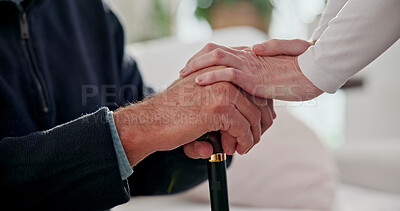 Buy stock photo Hands, nurse and comfort old person with walking stick, support and empathy for recovery. Caregiver, console or senior patient with disability, assisted living and sympathy for rehabilitation in home