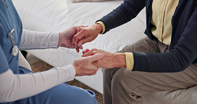 Buy stock photo Support, nurse or old woman in home with holding hands, sympathy or bonding together with comforting. Compassion, elderly person or caregiver with security, understanding and trust in retirement care
