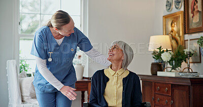 Buy stock photo Happy, healthcare and nurse with senior woman in home for medical assistance, empathy or bonding. Help, support and caregiver with elderly patient in retirement for checkup in living room at house