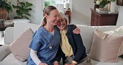 Buy stock photo Support, nurse or old woman in home with hug, sympathy or bonding together with comforting. Compassion, elderly person or caregiver with security, happy moment and understanding in retirement care.
