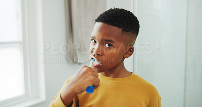Buy stock photo Dental hygiene, portrait and black child brushing teeth in bathroom for health, wellness or morning. Toothbrush, oral care and boy kid with clean mouth for fresh breath or grooming routine in house.