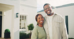 Hug, portrait and couple outdoor for new house, relocation and moving in for future together. Happy, real estate and black man and woman embrace for bonding, love and excited for property purchase