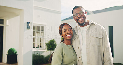 Buy stock photo Hug, portrait and couple outdoor for new house, relocation and moving in for future together. Happy, real estate and black man and woman embrace for bonding, love and excited for property purchase