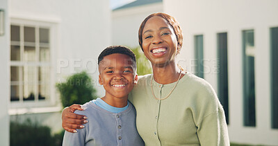 Buy stock photo Hug, portrait and mom with son for new house, relocation and moving to dream home together. African family, happy and woman with child in garden embrace for bonding, love and excited for property