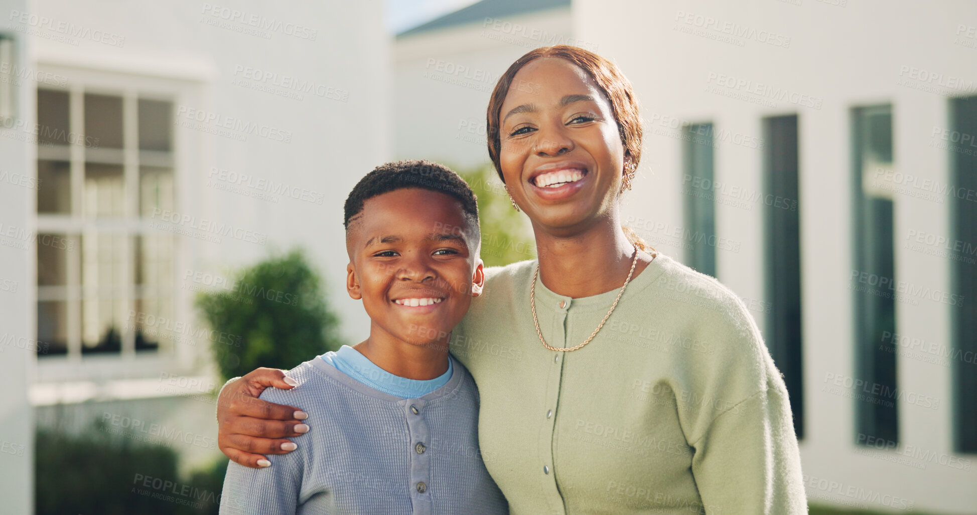 Buy stock photo Hug, portrait and mom with son for new house, relocation and moving to dream home together. African family, happy and woman with child in garden embrace for bonding, love and excited for property
