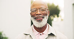 Smile, outdoor and portrait of black man in new house for assisted living center, pride and relax. Moving in, retirement home and glasses with elderly person in backyard for growth and security