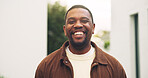 Laughing, backyard and portrait of black man in new home for real estate development, pride and happy. Moving in, property investment and joke with person outdoor for space, homeowner and security